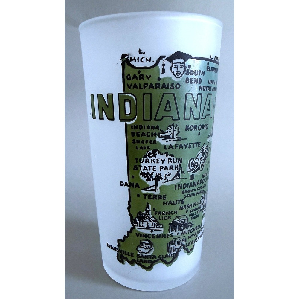 Indiana Vtg 1960s Hoosiers State Landmarks Frosted Glass Tumbler Enamel Paint 5"